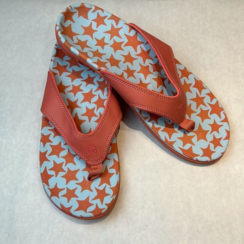 Spenco Yumi Ocean Flip Flops Sandals Sz 12D Coral Star Fish Contoured Footbed